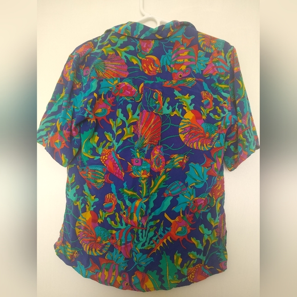 Tropical fish 100% short sleeve button up Ann May XS 100% Silk - Picture 2 of 4